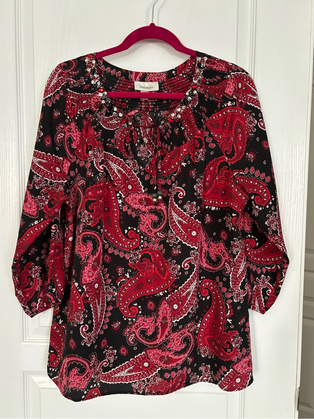 dressbarn Red and Black Paisley Tunic with Beaded Neckline